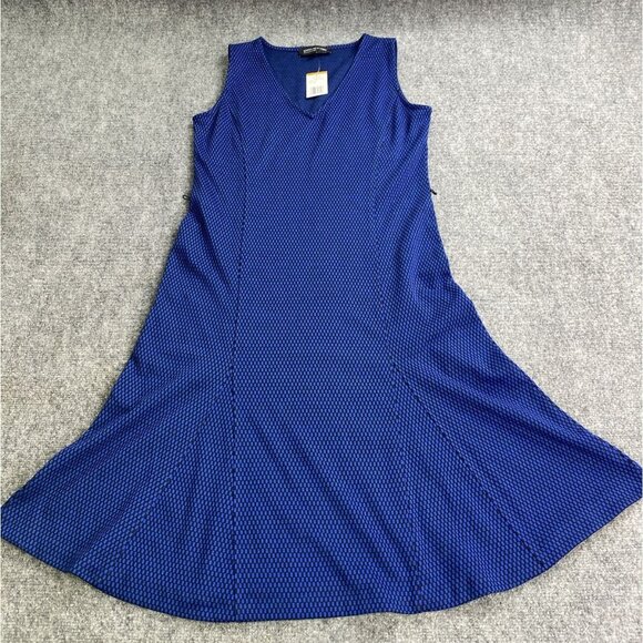 Jones New York‎ Dress Womens S Cobalt Blue Black Fit Flare Midi V Neck No Belt - Picture 1 of 12